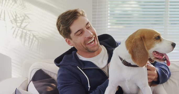 Smiling young man sitting on sofa stroking his pet dog  
