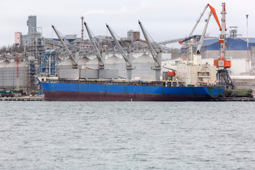 Fototapeta premium Vessel dry cargo on loading, unloading in port. Bulker in port.