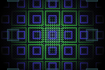 Abstract tech fractal background with violet and neon green squares on black
