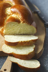 Freshly baked sweet braided bread loaf.  Challah bread
