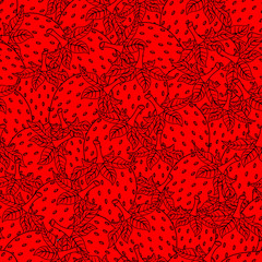 Strawberry black outline seamless pattern. Organic fresh health dessert. Vector illustration isolated on red background.
