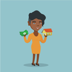 Glad african-american woman holding money and the model of house. Young woman having loan for buying a house. Real estate loan concept. Vector cartoon illustration. Square layout.