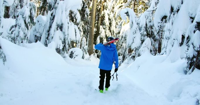 Rear view of person walking with snowboard and ski pole