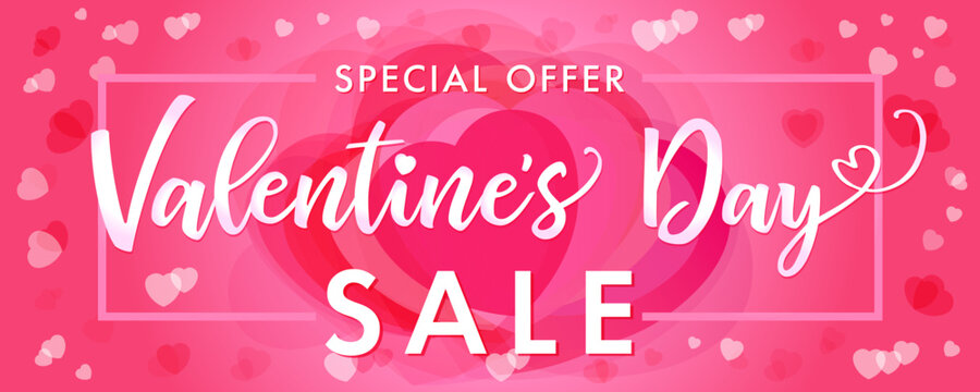 Sale banner Happy Valentines Day elegant lettering on pink hearts. Special offer Valentines Day Sale card template with pink hearts in frame on rose color background. Vector illustration