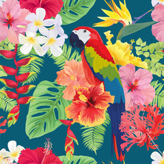 Beautiful seamless pattern with hibiscus flowers and macaw on dark green background. Vector set of blooming tropical floral for wedding invitations, greeting card and fashion design.