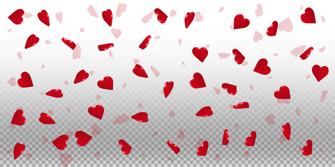 3d hearts valentine background. Wide scatter on transparent grid light background. 3d hearts valentines day fantastic design. Vector illustration.