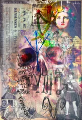 Photo sur Plexiglas Imagination Peintures murales, collages et graffitis avec crâne et symboles astrologiques, alchimiques et ésotériques