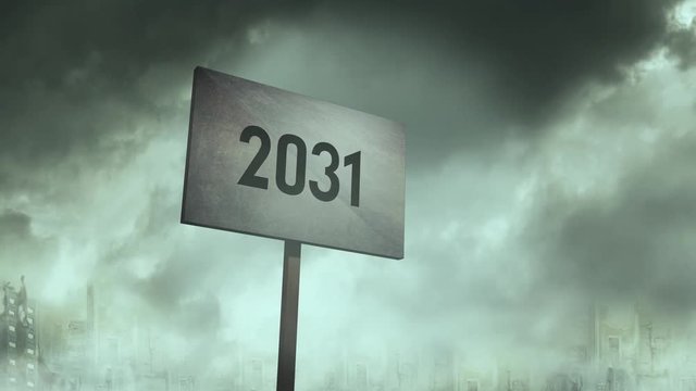 Ominous rusty sign against post apocalyptic city background - 2031 Typography