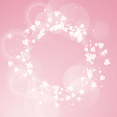 Falling hearts valentine background. Round scattered frame on pink background. Falling hearts valentines day trending design. Vector illustration.
