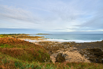 Fototapeta na wymiar seaside of Pointe de la Garde Guérin and beautiful view on emerald coast, near Saint-briac sur mec , Brittany, France
