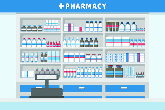 Pharmacy Interior With Drug Shelves And Cashier Counter Flat Design Illustration Vector.