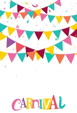 Colorful Party Flags With Confetti And Ribbons On White Background. Celebration and Birthday Design