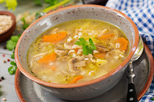 Thick soup with pearl barley, celery, chicken, and mushrooms. Dietary menu