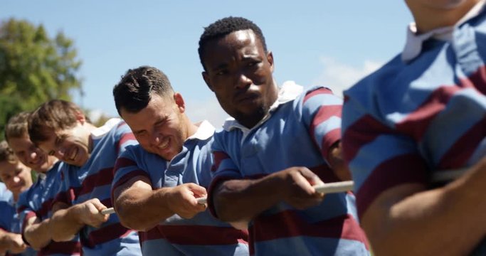 African American man rugby players playing tug of war  