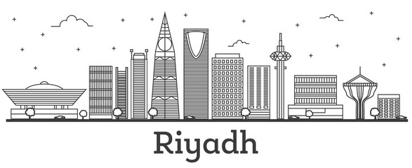 Obraz premium Outline Riyadh Saudi Arabia City Skyline with Modern Buildings Isolated on White.