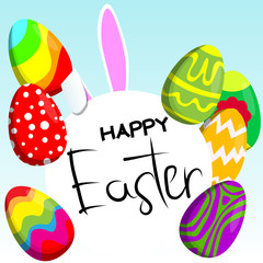 Easter bunny ears with Happy Easter text and Easter eggs. Vector cartoon character illustration.