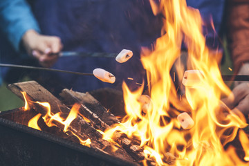 Hands of friends roasting marshmallows over the fire in a grill closeup