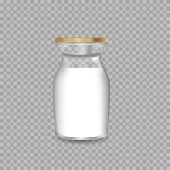 Realistic Transparent Glass Bottle with a Milk. Vector illustration.