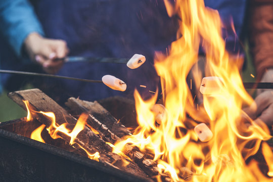 Hands Of Friends Roasting Marshmallows Over The Fire In A Grill Closeup