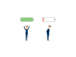 Two businessmen with fully charged and low battery. Business concept of power, success and inspiration. Vector illustration.