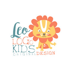 Leo kids logo original design, baby shop label, fashion print for kids wear, baby shower celebration, greeting, invitation card colorful hand drawn vector Illustration