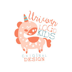 Unicorn kids logo original design, baby shop label, fashion print for kids wear, baby shower celebration, greeting, invitation card colorful hand drawn vector Illustration