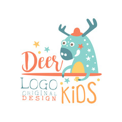 Deer kids logo original design, baby shop label, fashion print for kids wear, baby shower celebration, greeting, invitation card colorful hand drawn vector Illustration