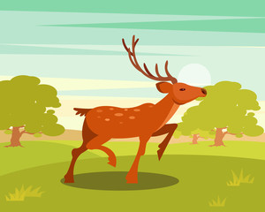 Obraz na płótnie Canvas Spotted deer with antlers, wild animal amongst a backdrop of green meadow and forest vector Illustration