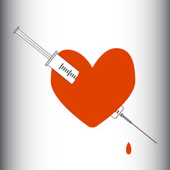 Heart pierced with a syringe. Obsession, love, passion, dependence. Vector illustration