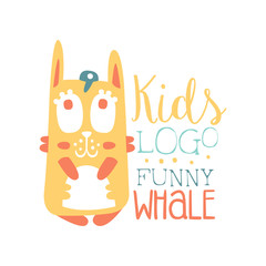 Kids logo, funny whale original design, baby shop label, fashion print for kids wear, baby shower celebration, greeting, invitation card colorful hand drawn vector Illustration