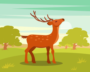 Brown graceful spotted deer with branched horns,, wild animal amongst a backdrop of green meadow and forest vector Illustration