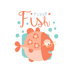 Funny fish logo, baby shop label, fashion print for kids wear, baby shower celebration, greeting, invitation card colorful hand drawn vector Illustration