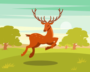Brown spotted deer with antlers running, wild animal amongst a backdrop of green meadow and forest vector Illustration