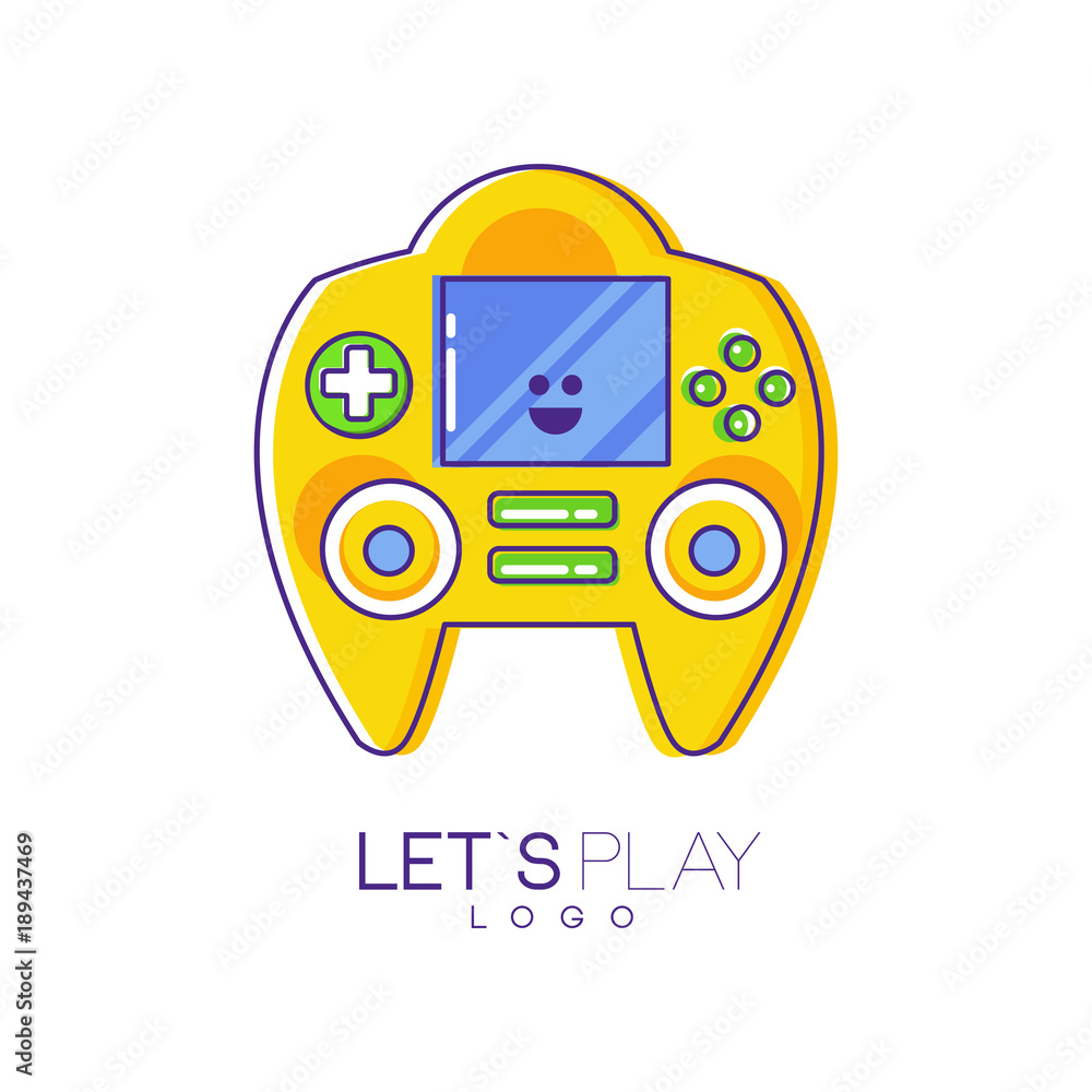 Poster game console with screen and buttons. electronic gadget. linear emblem with yellow fill. colorful ve
