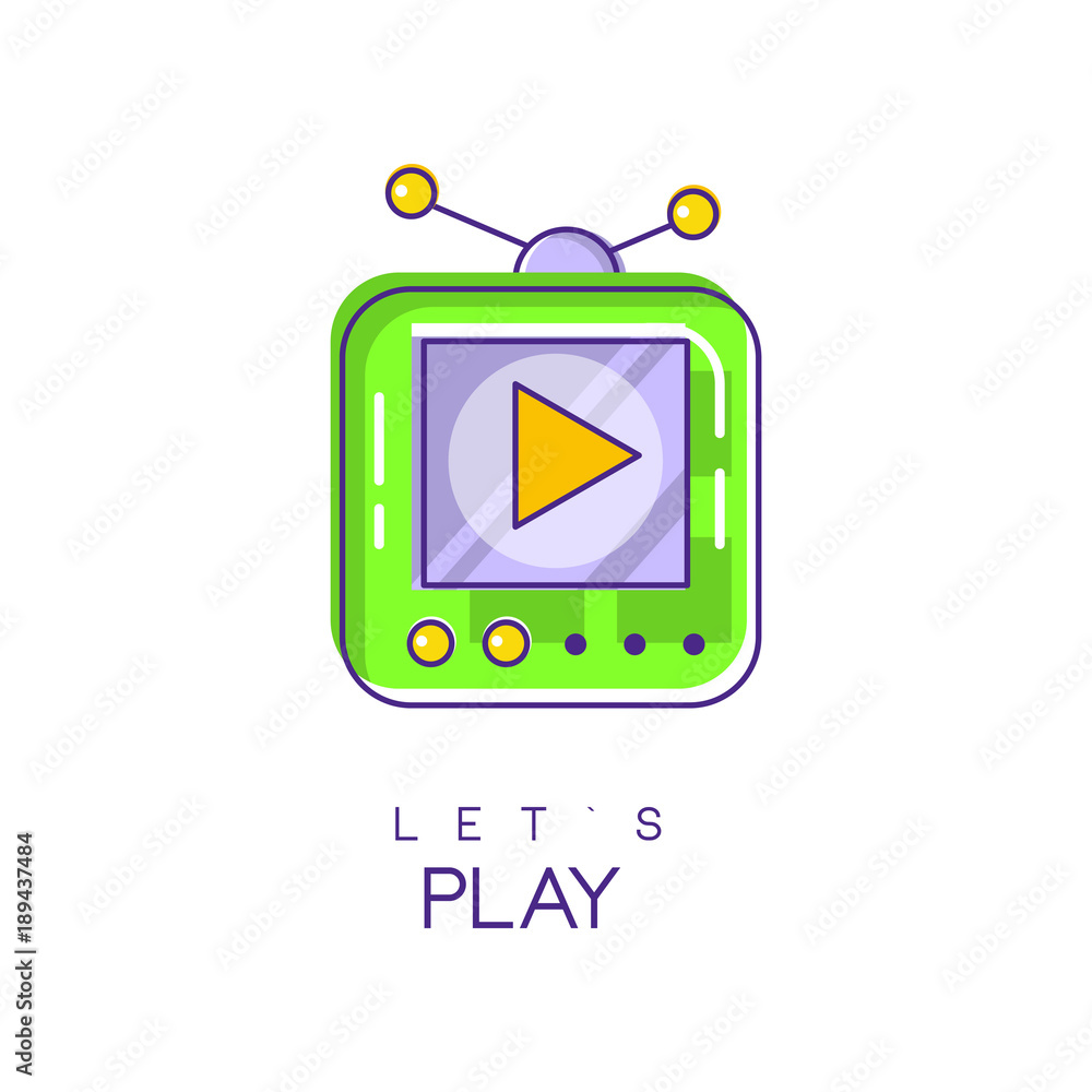 Poster electronic gadget logo. game console icon in linear style with green and purple fill. play device. d