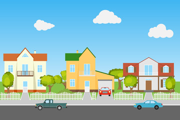 Street with houses and cars on a blue background. The modern street.