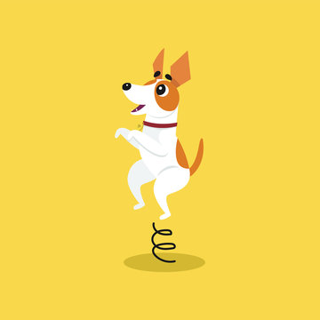 Cute Jack Russell Terrier Jumping On Springboard, Funny Pet Animal Character Cartoon Vector Illustration