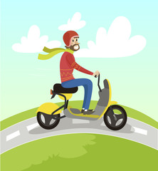 Fototapeta na wymiar Hipster man riding yellow scooter on summer sunny day vector Illustration in cartoon style