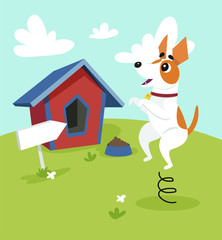Cute jack russell terrier dog jumping on springboard in front of its kennel in garden on summer day vector Illustration in cartoon style