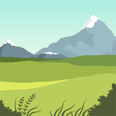 Beautiful valley and mountains, green summer landscape, nature background vector illustration