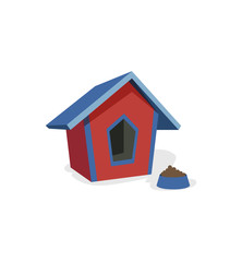 Doghouse, booth, kennel and bowl for eating cartoon vector Illustration