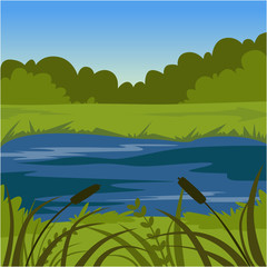 Fototapeta na wymiar Green summer landscape with lake, nature background vector illustration
