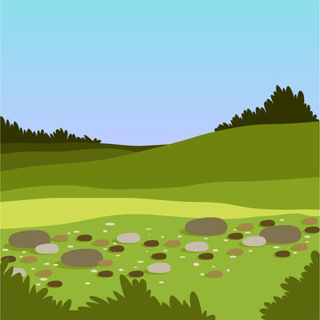 Beautiful valley with hills and stones, green summer landscape, nature background vector illustration