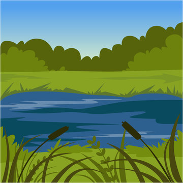 Green summer landscape with lake, nature background vector illustration