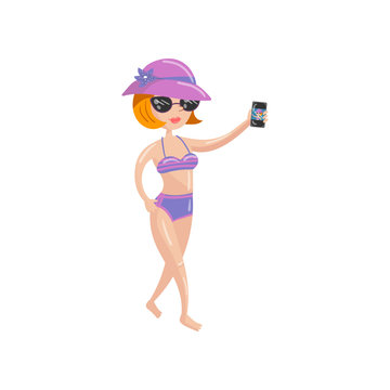 Young woman in purple swimsuit and sun hat taking selfie with smartphone cartoon vector Illustration