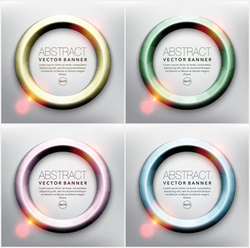 Abstract circle banner set of 4. Round frames in 4 different pastel colors. Frames with shiny lights. Isolated on the light panel. Each item contains space for own text. Vector illustration. Eps 10.