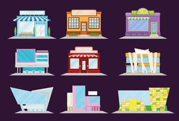 Shop and restaurant facade set, shopping mall and market building architecture, showcase window vector Illustration