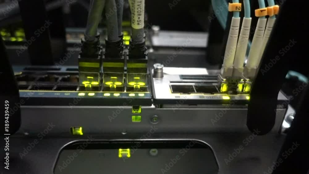 Aufkleber fiber optical connector interface. rack mounted servers in a server room, server rack audio cable. s