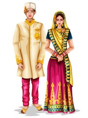 Madhya Pradeshi wedding couple in traditional costume of Madhya Pradesh, India