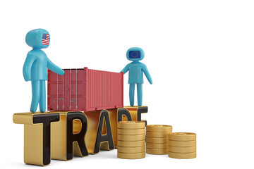 Two figure people on trade Letter and container 3D illustration.